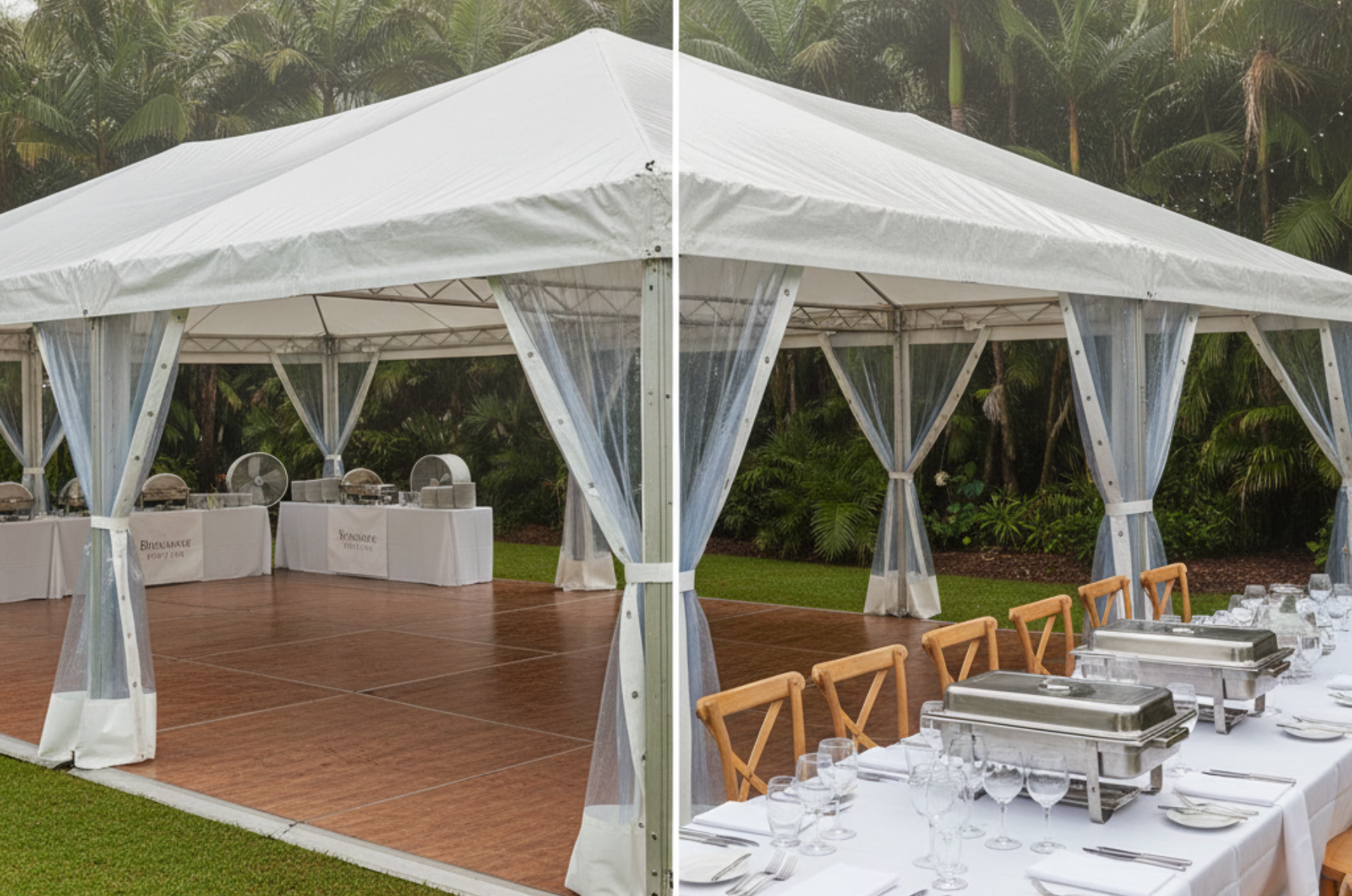 White event tent with draped curtains, wooden dance floor, and buffet tables set in a tropical garden.